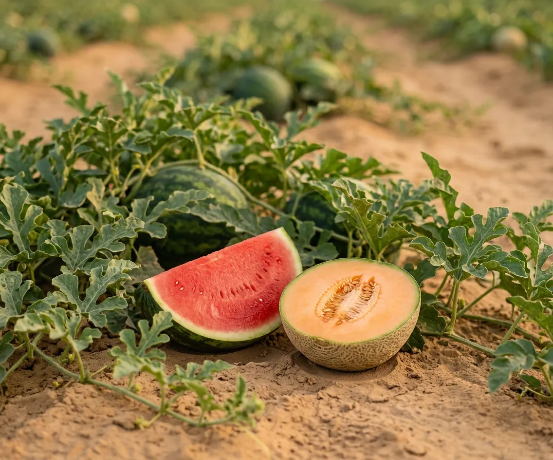 Halved watermelon and melon