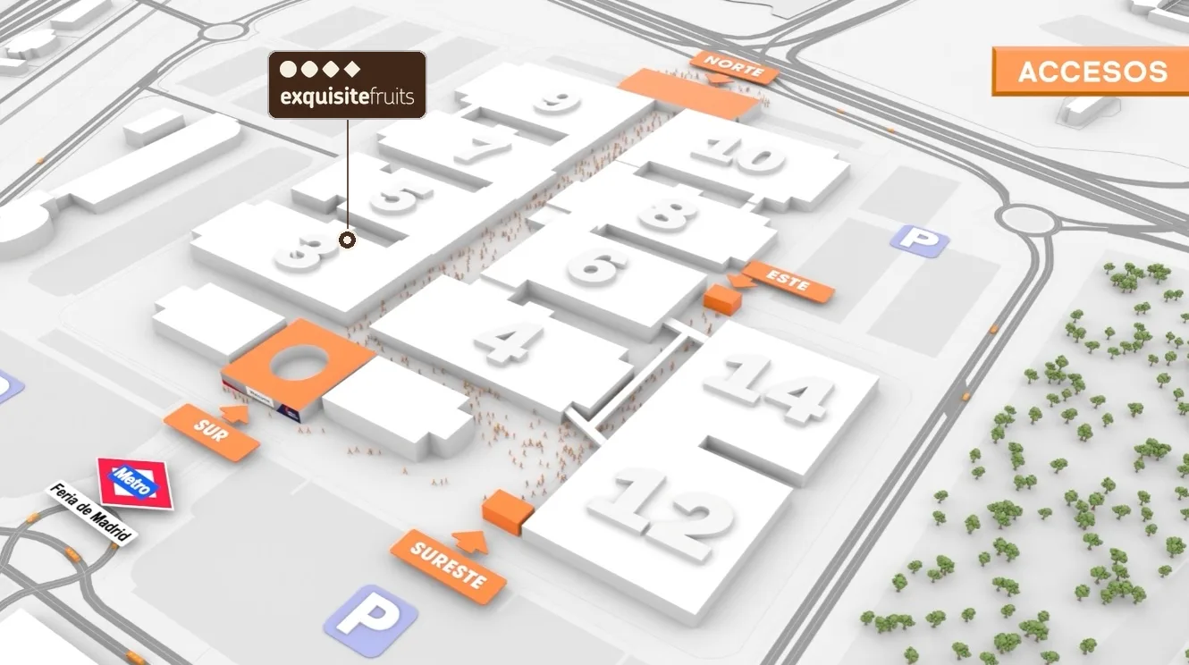 IFEMA Madrid floor plan showing the Exquisite Fruits stand in Hall 3, with entrances and Metro Feria de Madrid