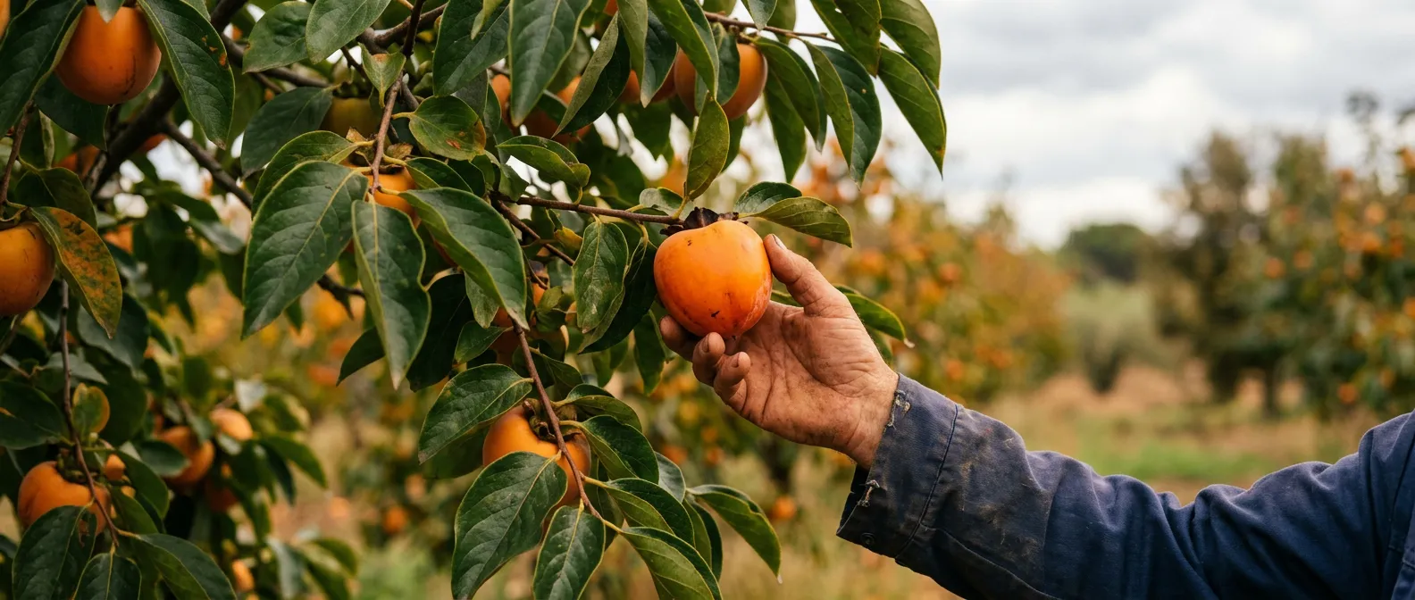 Ripe Rojo Brillante kaki with leaves, grown in Valencia's Ribera del Xúquer
