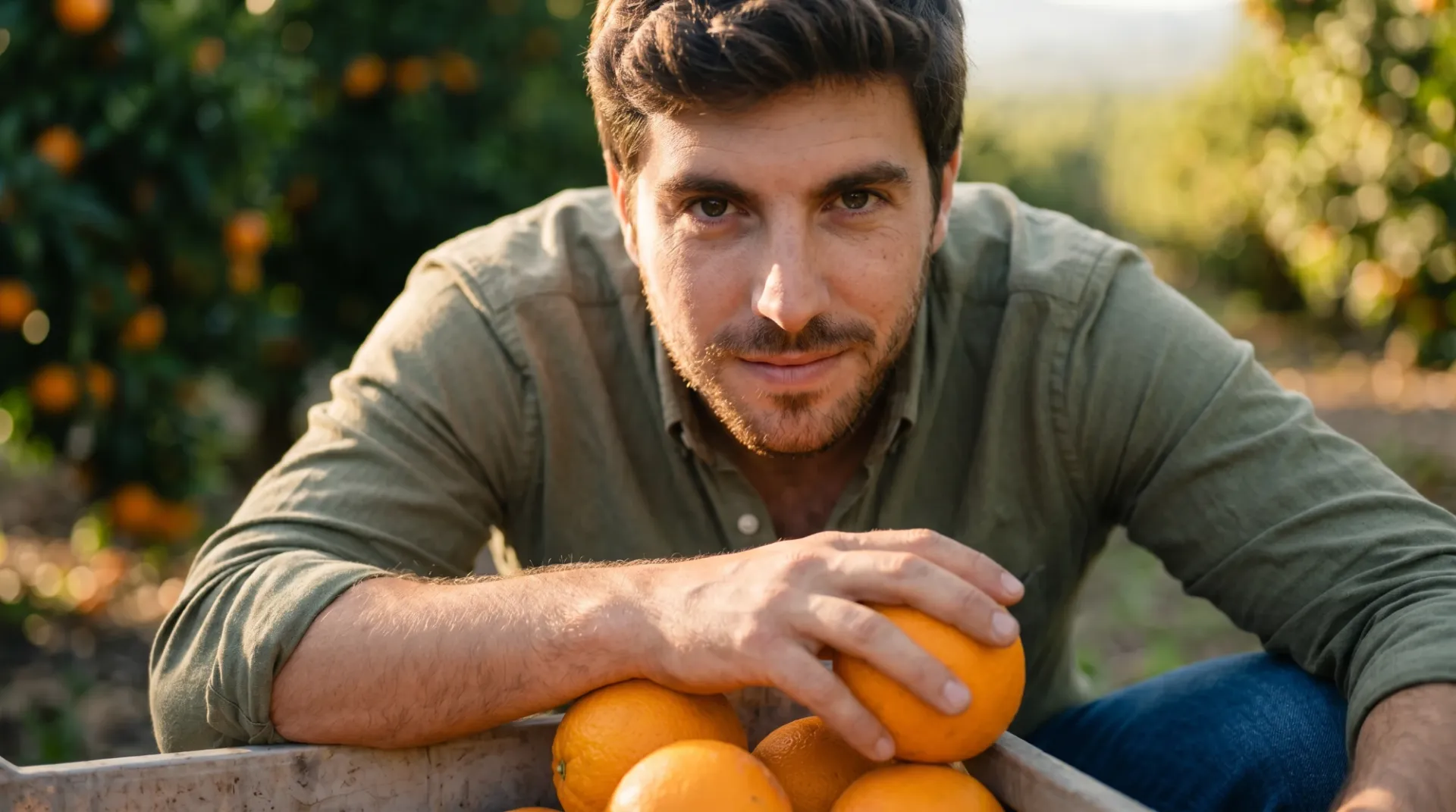 An Exquisite Fruits buyer in the grove, reading the fruit by hand