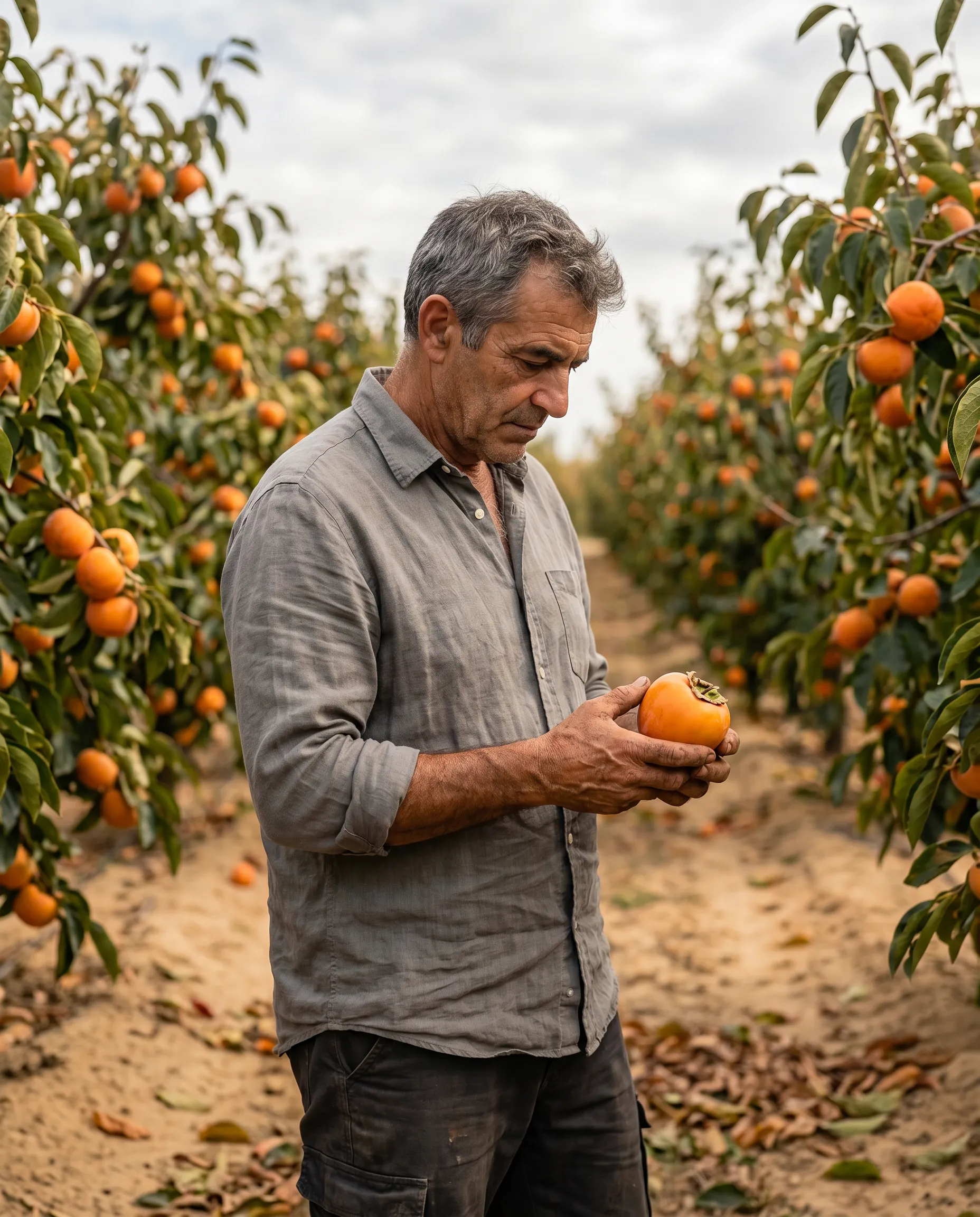 Grower inspecting a Rojo Brillante kaki at harvest in Valencia