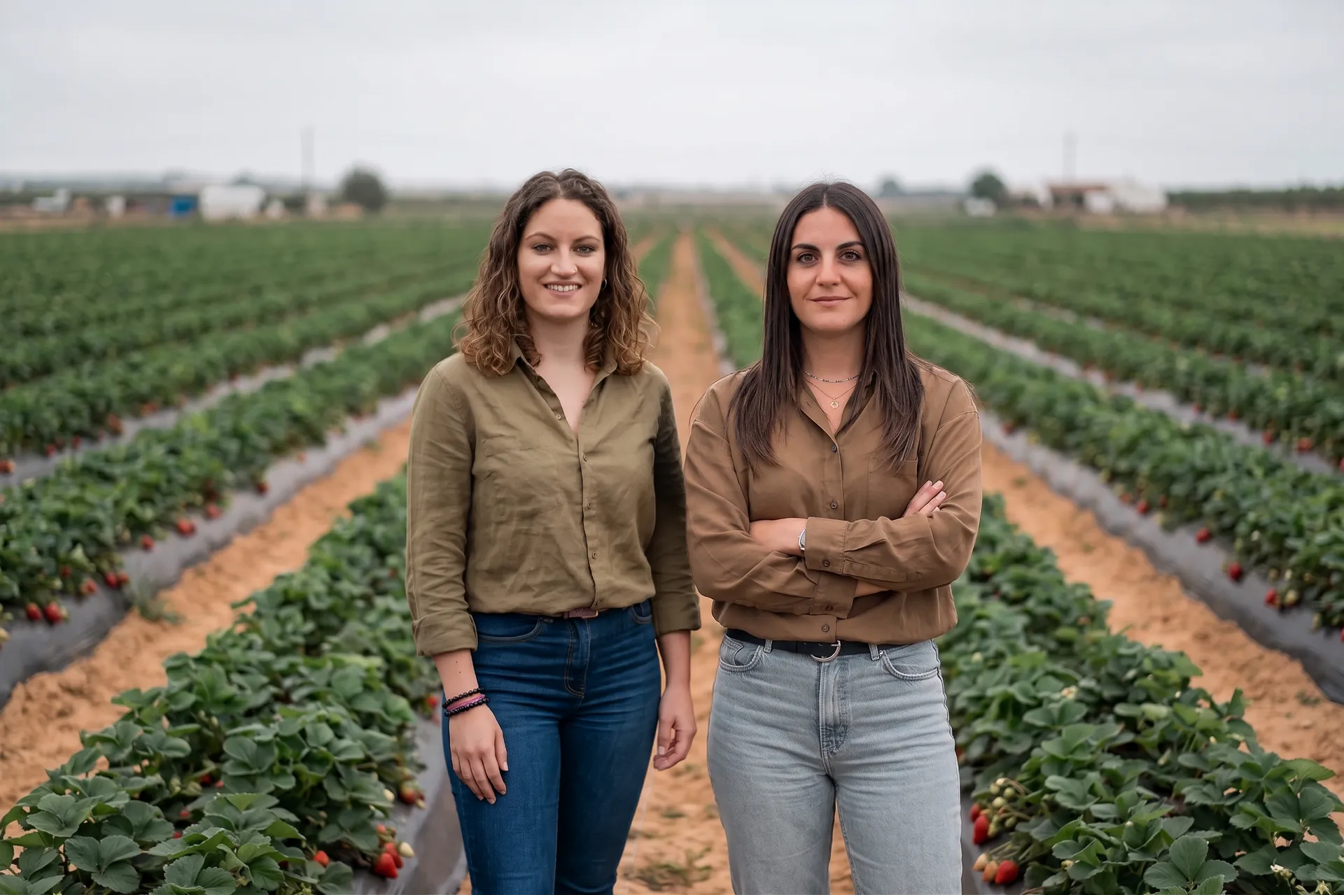 Two members of the Exquisite Fruits sourcing team standing between rows of strawberry plants in a Doñana field