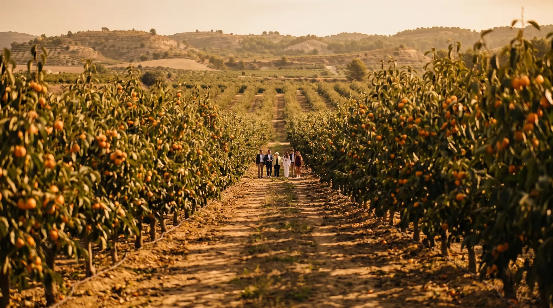 Rows of kaki trees running to the Valencian hills at golden hour