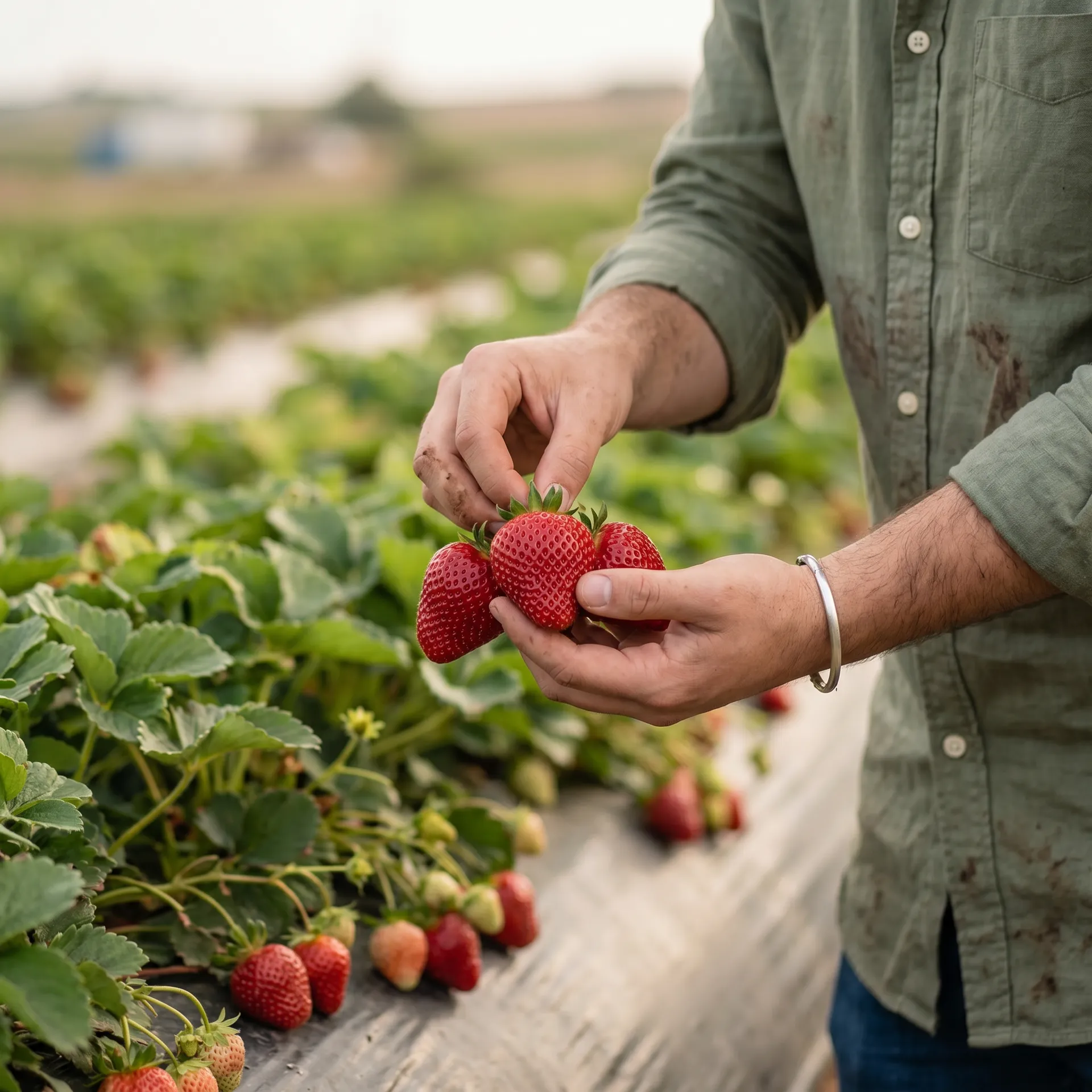 Grower inspecting freshly picked strawberries