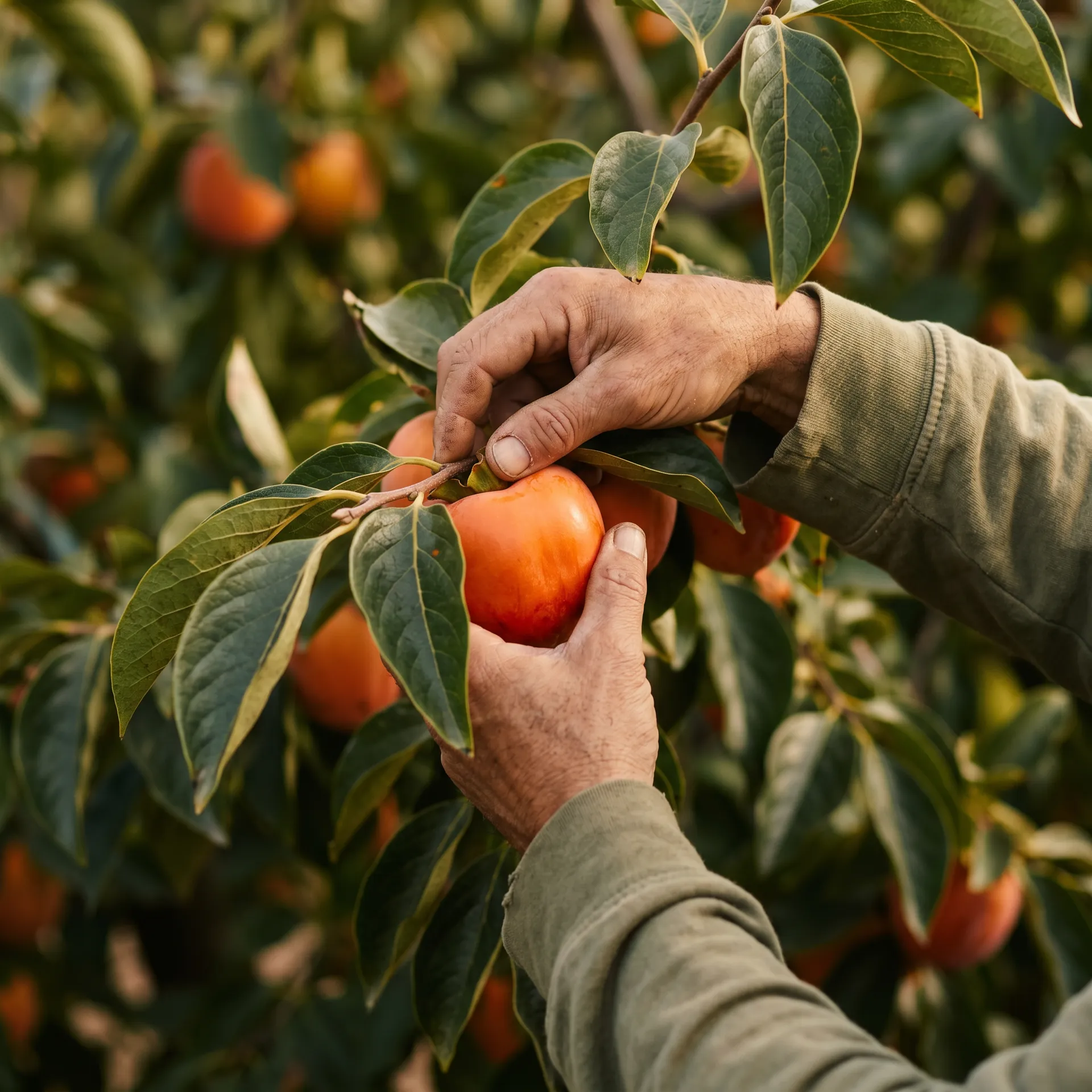 Grower's hands picking a ripe kaki from the tree at harvest
