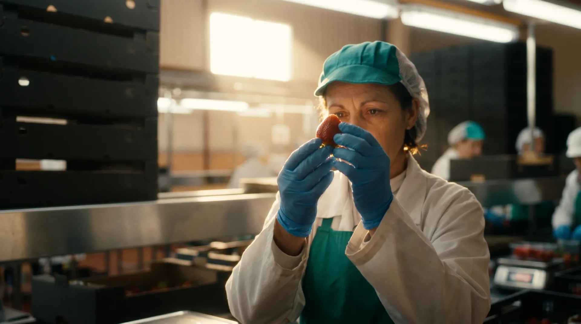 A quality technician assessing fruit by hand in the packhouse
