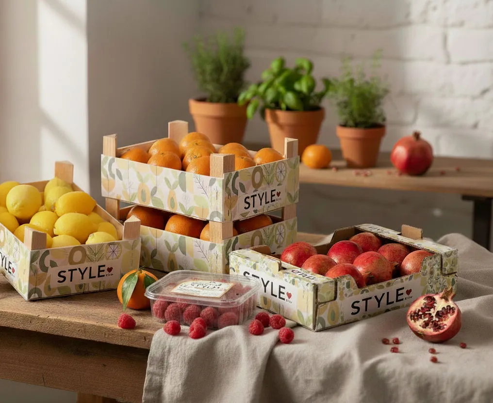 Style by Fruit branded crates filled with oranges, lemons, raspberries and pomegranates on a rustic table